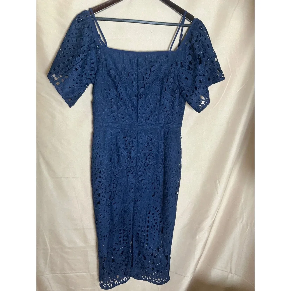 Lace Midi Dress Women 6  Navy Blue Excellent Cold Shoulder Puff Sleeve Square - Picture 7 of 13